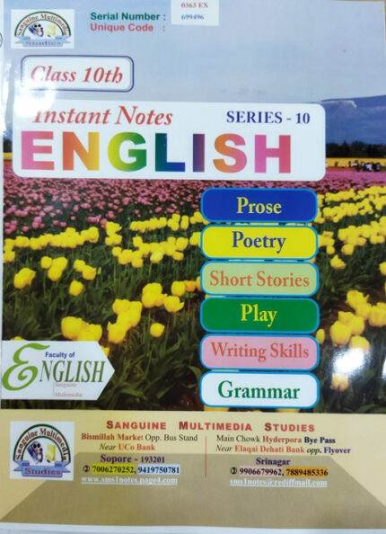 JKBOSE Instant Notes Class 10th English 2025